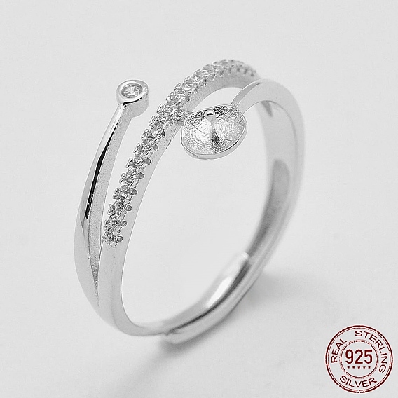 Adjustable 925 Sterling Silver Ring Components, For Half Drilled Beads, with Cubic Zirconia, Size 8