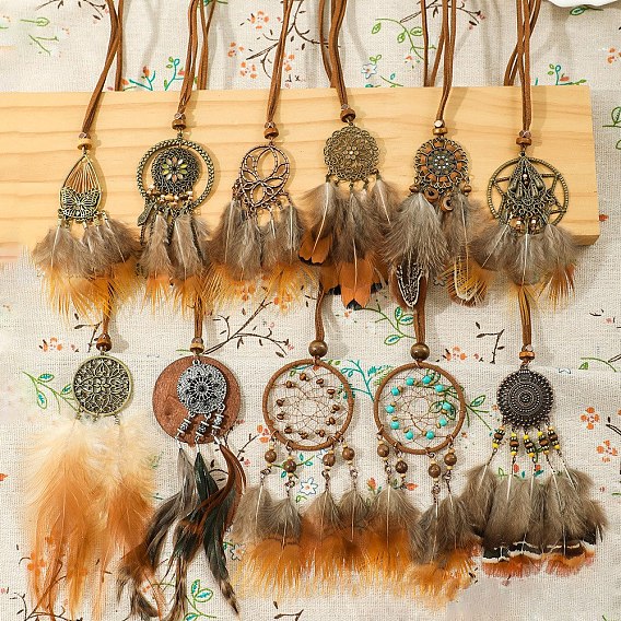 Женские ожерелья из искусственной замши с большим кулоном из сплава и дерева в этническом стиле с сеткой и перьями