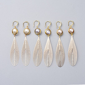 Dangle Earrings, with Glass Pearl Beads, Brass Big Pendants, Brass Earring Hooks and Cardboard Packing Box, Teardrop