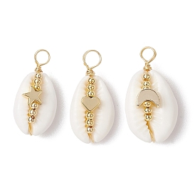 3Pcs 3 Styles Natural Cowrie Shell Copper Wire Wrapped Pendants, Star & Moon & Heart Brass Charms