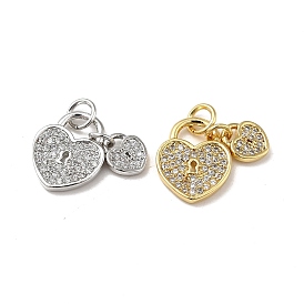 Brass Micro Pave Clear Cubic Zirconia Charms, with Jump Ring, Double Heart Lock Charm