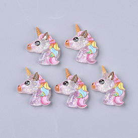 Resin Cabochons, with Glitter Sequins, Unicorn