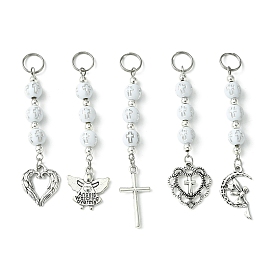 Round with Cross Plating Acrylic Beaded Pendant Decorations, with Heart/Angle/Cross/Moon Alloy Charms
