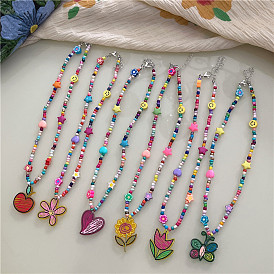 Colorful Flower Necklace with Rainbow Beads and Heart Pendant - Sweet Girl's Jewelry