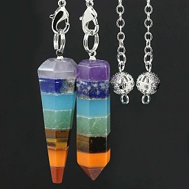 Chakra Natural Mixed Stone Hexagonal Pointed Dowsing Pendulums, with Platinum Plated Brass Chains, Faceted Charm, Pyramid/Hexagonal Prism Pattern, Mixed Dyed and Undyed