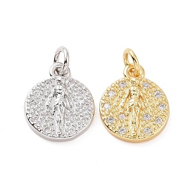 Brass Micro Pave Cubic Zirconia Charms, with Jump Ring, Flat Round with Girl Charm