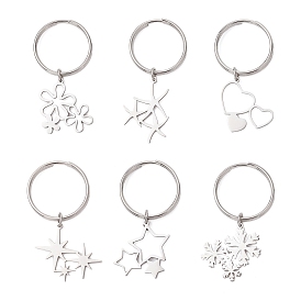 6Pcs 201 Stainless Steel Keychain, Mixed Shapes, with Ring