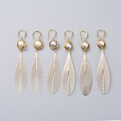 Dangle Earrings, with Glass Pearl Beads, Brass Big Pendants, Brass Earring Hooks and Cardboard Packing Box, Teardrop