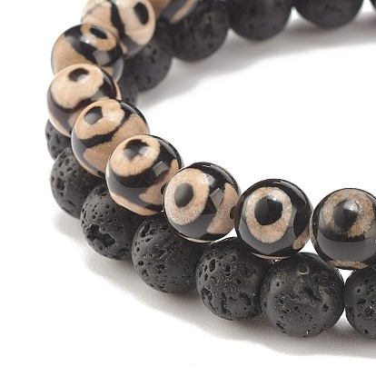 2pcs 2 style tibétain naturel 3-ensemble de bracelets de perles d'agate dzi et de roche de lave mala, bijoux de pierres précieuses d'huile essentielle pour les femmes