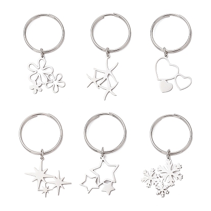 6Pcs 201 Stainless Steel Keychain, Mixed Shapes, with Ring