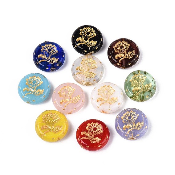 Стеклянные бусины, плоские круглые с цветком, золотой металл обвитыми