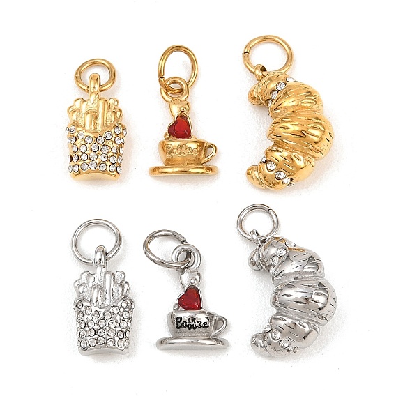 304 подвески из нержавеющей стали Rhinstone, картофель фри/чашка кофе/круассан, с целью перехода в кольце