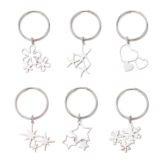 6Pcs 201 Stainless Steel Keychain, Mixed Shapes, with Ring