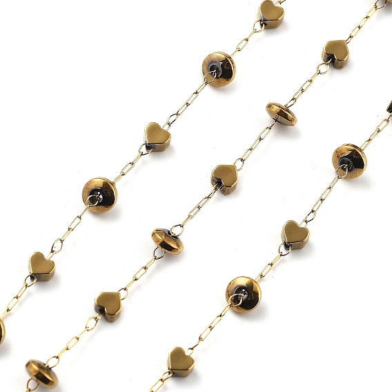 Гематитовые бусины цепочки звеньев, с 316 цепями из нержавеющей стали, ионное покрытие (ip), пайки, плоско-круглые с сердцем, с катушкой