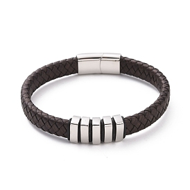 304 Stainless Steel Rectangle Beaded Bracelet with Magnetic Clasps, Black Leather Braided Cord Punk Wristband for Men Women