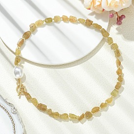 Raw Rough Natural Yellow Apatite Necklaces, with Natural Baroque Pearl Keshi Pearl, Nuggets