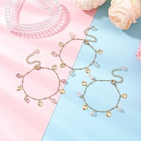 3Pcs Natural Fluorite & Quartz Crystal & Rose Quartz Round Beads Charm Bracelets, 304 Stainless Steel Heart Charms Bracelets for Women