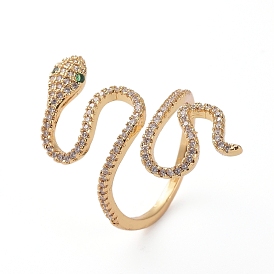 Adjustable Brass Finger Rings, Cuff Rings, Open Rings, with Micro Pave Cubic Zirconia, Long-Lasting Plated, Snake