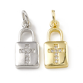 Brass Micro Pave Cubic Zirconia Pendants, with Jump Ring, Lock with Religion Cross Charm