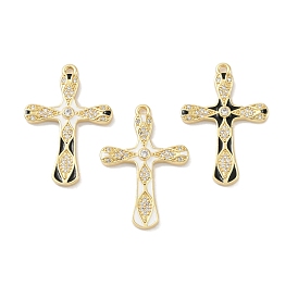 Rack Plating Brass Micro Pave Cubic Zirconia Pendants, with Enamel, Long-Lasting Plated, Lead Free & Cadmium Free, Real 18K Gold Plated, Cross