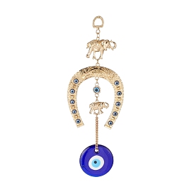 Handmade Lampwork & Resin Evil Eye Pendant Decorations, with Iron Ring and Chain, Alloy Findings, Elephant & Horseshoe