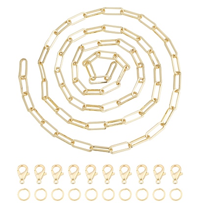 Soldered Brass Paperclip Chains, Flat Oval, Drawn Elongated Cable Chains, Long-Lasting Plated, with Alloy Lobster Claw Clasps
