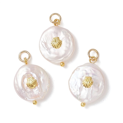 Натуральные кеши жемчужные подвески, плоские круглые подвески с кусочками ракушки из сплава, цветочный белый