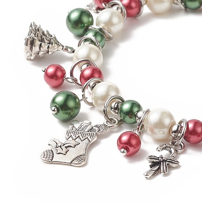Glass Pearl Beaded Stretch Bracelet, Candy Cane & Snowflake & Santa Claus & Bell Alloy Charms Christmas Bracelet for Women