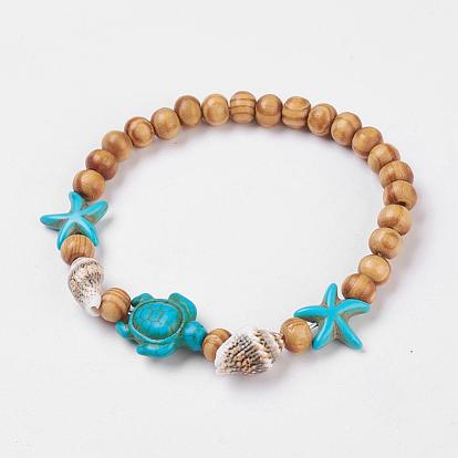 Round Wood Stretch Bracelets, with Dyed Synthetic Turquoise(Dyed) and Spiral Shell Beads, Tortoise and Starfish/Sea Stars