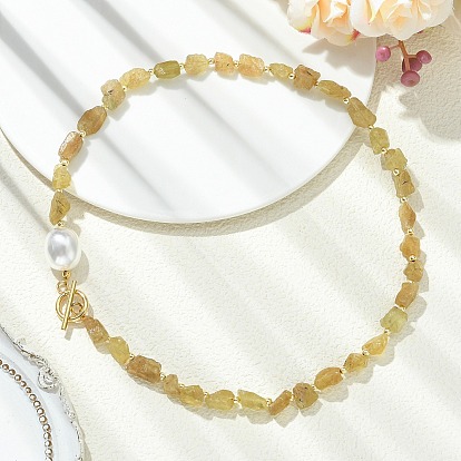 Raw Rough Natural Yellow Apatite Necklaces, with Natural Baroque Pearl Keshi Pearl, Nuggets