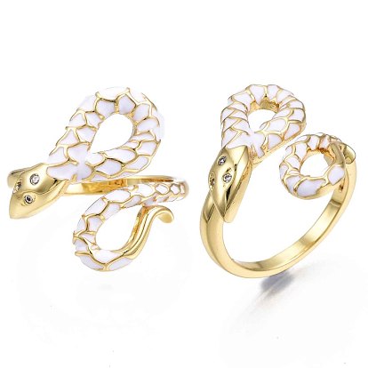Real 18K Gold Plated Brass Micro Pave Cubic Zirconia Snake Wrap Cuff Rings, Enamel Open Rings for Girl Women, Nickel Free