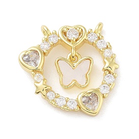 Brass Micro Pave Cubic Zirconia Pendants, with Acrylic, Round Ring with Butterfly & Heart Charm