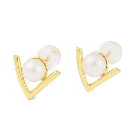 Natural Pearl Stud Earrings, with Sterling Silver Findings, Letter V