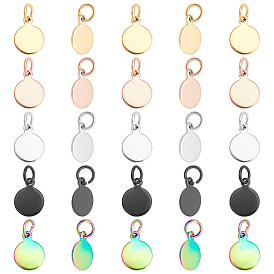Unicraftale 50Pcs 5 Colors Vacuum Plating 304 Stainless Steel Charms, with Jump Rings, Blank Stamping Tag, Flat Round