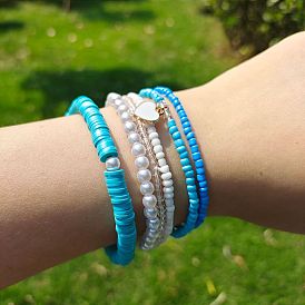 Bohemian Style Multi-layer Blue Soft Clay Bracelet with Elasticity and Beads for Summer Beach Vacation