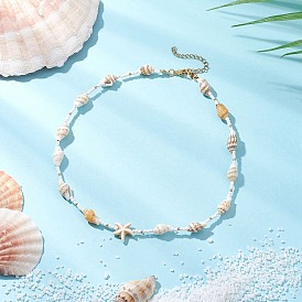 Летние пляжные ожерелья из синтетических морских звезд, натуральных ракушек и стеклянных бусин, с 304 концевыми цепями из нержавеющей стали, золотые