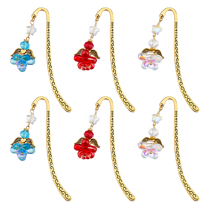 6 шт. 3 цвета закладки с крючками из сплава, стеклянные закладки-ангелы, античное золото 