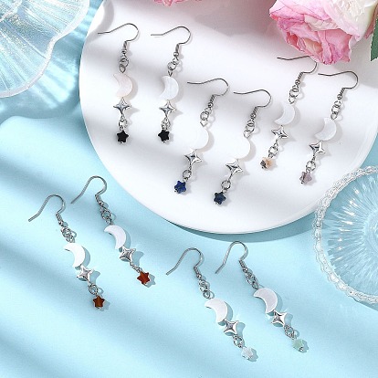 Серьги-подвески из натуральных драгоценных камней в форме звезды и луны, с 304 крючком из нержавеющей стали и натуральной пресноводной раковиной, платина