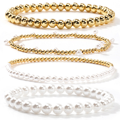 4 шт. 4 стили минималистичные латунные и пластиковые искусственные жемчужины круглые эластичные браслеты для женщин