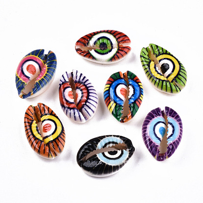 Printed Natural Cowrie Shell Beads, No Hole/Undrilled, with Evil Eye Pattern