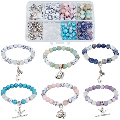 Наборы для изготовления браслетов своими руками, включая подвески из сплава и трубчатые дужки, драгоценный камень и стеклянные бусины, 304 кольца прыжок из нержавеющей стали, латунные бусины-разделители и эластичная хрустальная нить