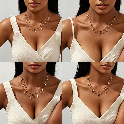304 Stainless Steel Natural White Shell Star Heart Teardrop Multi Pendant Necklaces for Women, with Clear Cubic Zirconia, Golden