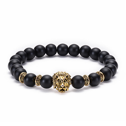 8mm Black Matte Lion Leopard Head Bracelet Elastic Beaded Cat Owl Buddha Natural Stone Bracelet