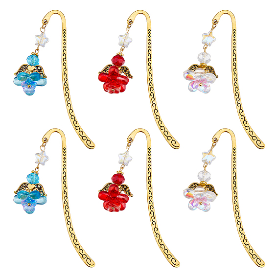 6 шт. 3 цвета закладки с крючками из сплава, стеклянные закладки-ангелы, античное золото 