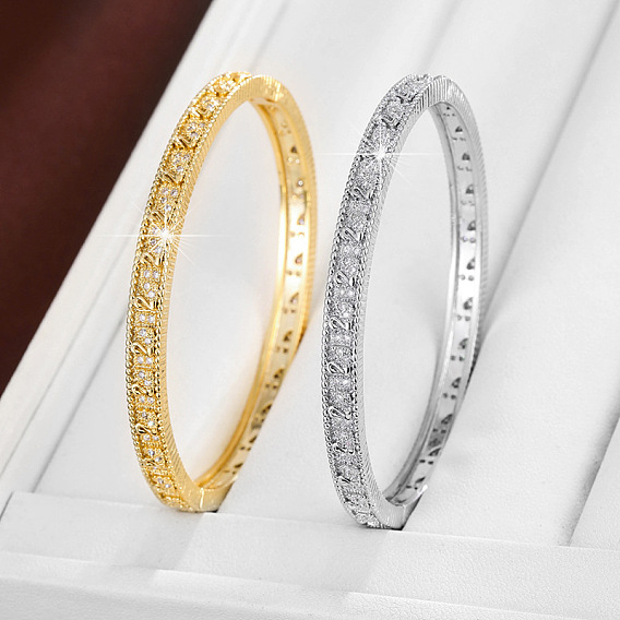 Brass Pave Full Clear Cubic Zirconia Number 2 Hinged Cuff Bangles for Women