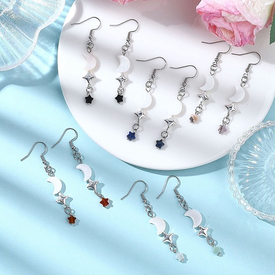 Серьги-подвески из натуральных драгоценных камней в форме звезды и луны, с 304 крючком из нержавеющей стали и натуральной пресноводной раковиной, платина
