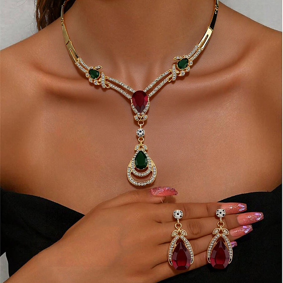 Комплекты из ожерелий со стразами и серег-гвоздиков в форме капли для женщин