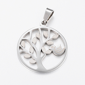 Ion Plating(IP) 304 Stainless Steel Pendants, Textured, Flat Round with Tree of Life & Bird