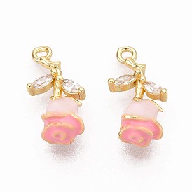 Brass Micro Pave Clear Cubic Zirconia Pendants, Flower Charms, with Enamel, Real 18K Gold Plated