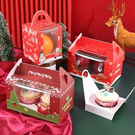 Cajas de panadería de papel rectangular con ventana transparente y asa, caja de regalo de tema navideño, para mini torta, magdalena, embalaje de galletas